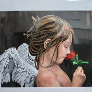Art Print Girl Angel With a Red Rose Matted